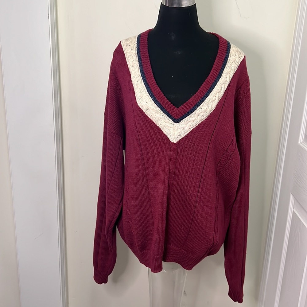 Vintage Duplex 55% Ramie V-Neck Inter Cable Knit Sweater Size XL